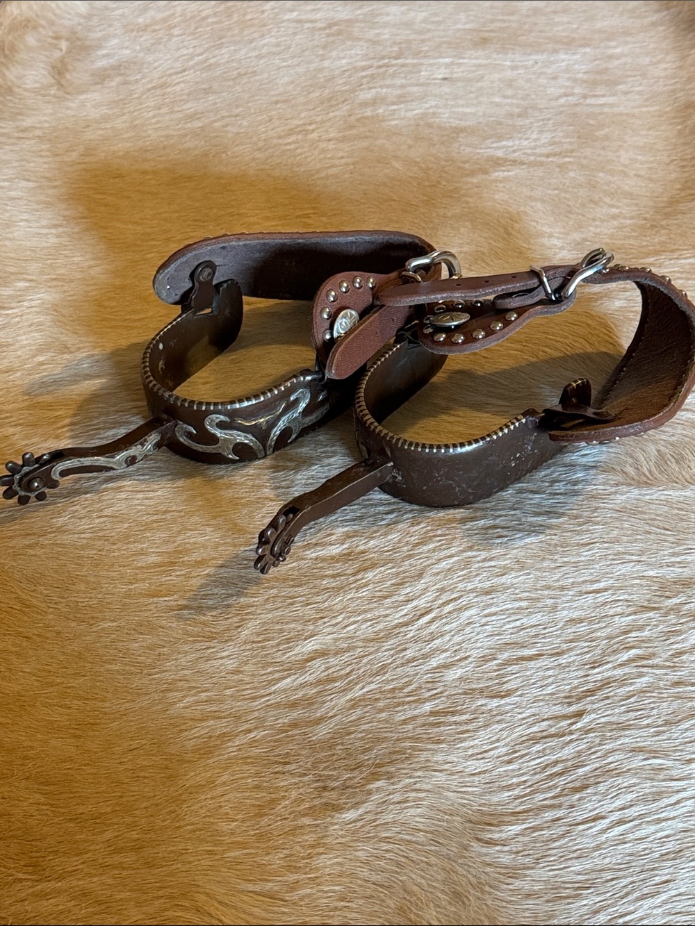 Western Leather Horse Spurs with Silver Engraving